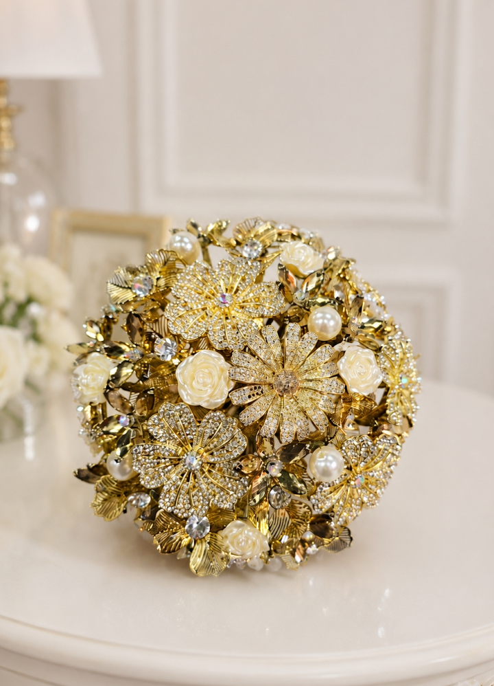 Handbouquet Brooch with Pearl: gold brooch bouquet with ivory pearls and crystal flowers