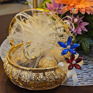 Royal Blossom Bowl: gold ornate gift bowl with handle, tulle-wrapped chocolates and crystal flowers