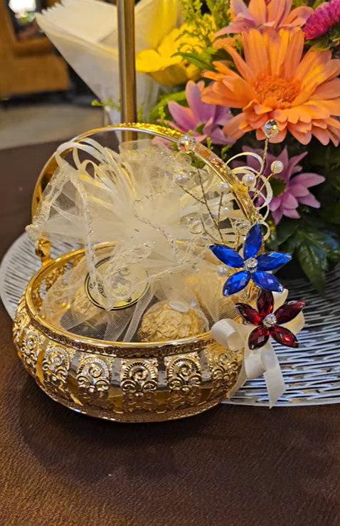 Royal Blossom Bowl: gold ornate gift bowl with handle, tulle-wrapped chocolates and crystal flowers