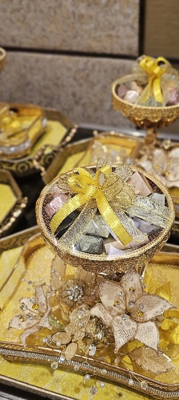 Gold gift bowls with handmade songket-fabric flowers by SHJ Premium