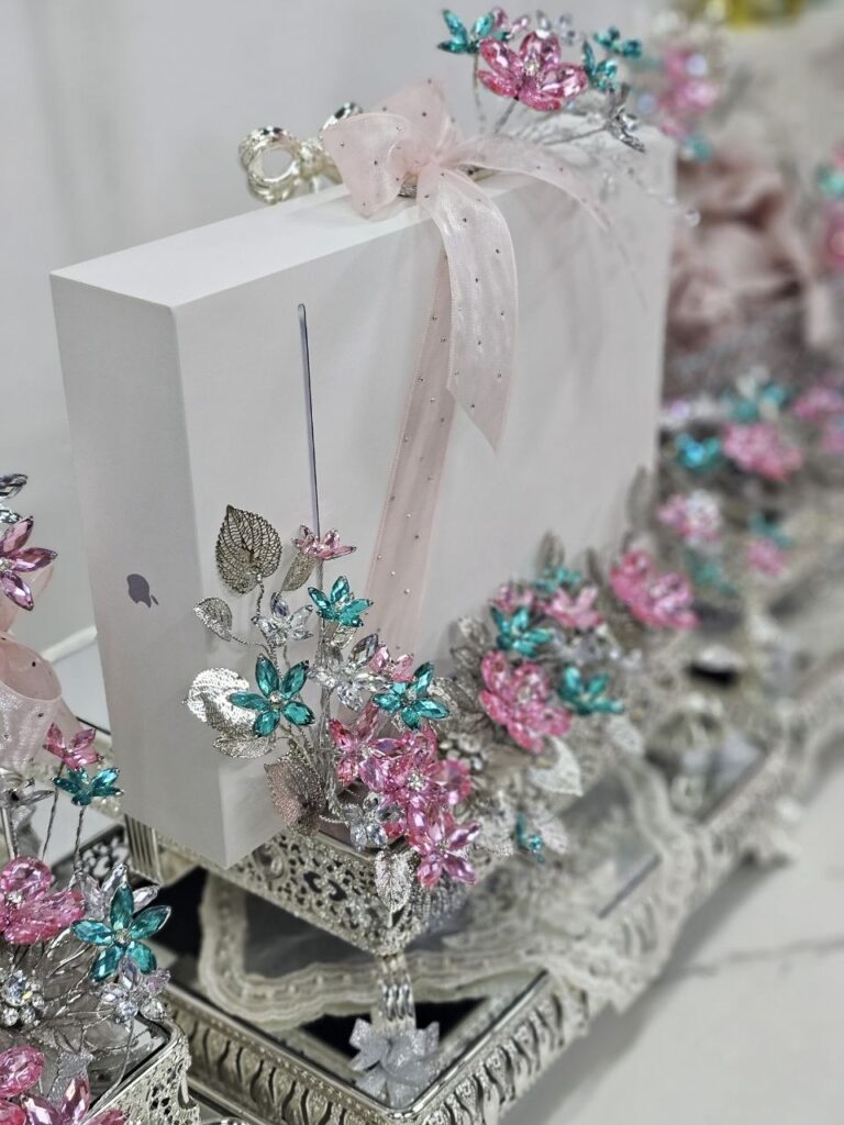 Ayana Blush Crystal Tray Set: silver mirrored hantaran trays with pink, teal and clear crystal flowers and a gift box tied with blush ribbon