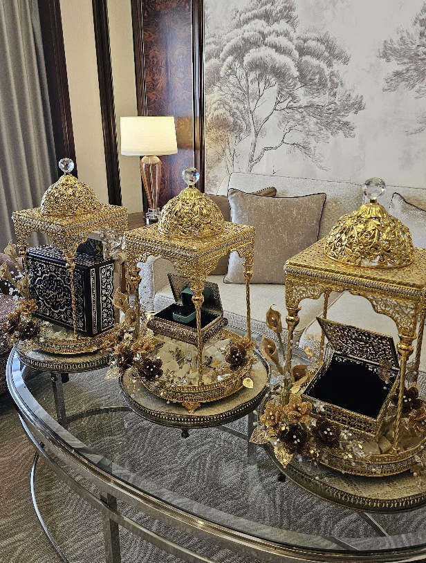Kasturi Gold Lantern Set: three gold dome lantern hantaran trays holding a Quran box, perfume and jewellery box with gold and brown flowers